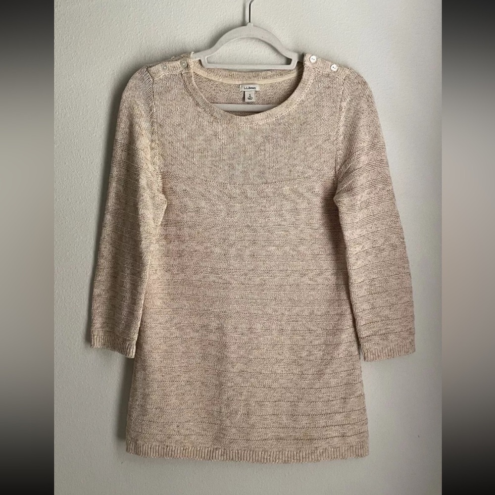 LL Bean Womens Small Oatmeal Button Textured Knit Cotton Tunic Sweater